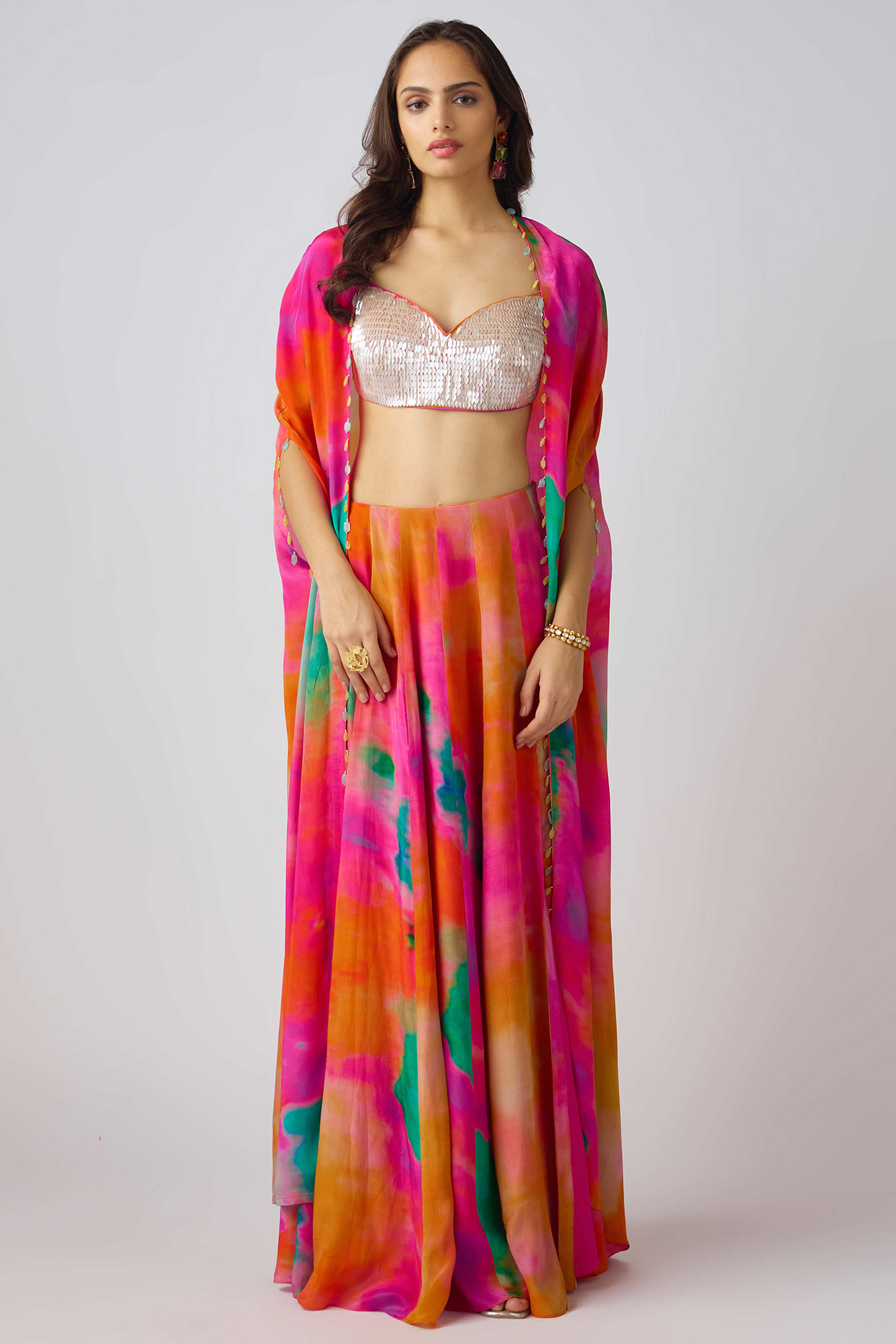 Multi-Colored Crepe Sequins Embroidered Cape Set by Basanti - Kapde aur Koffee at Pernia's Pop Up Shop