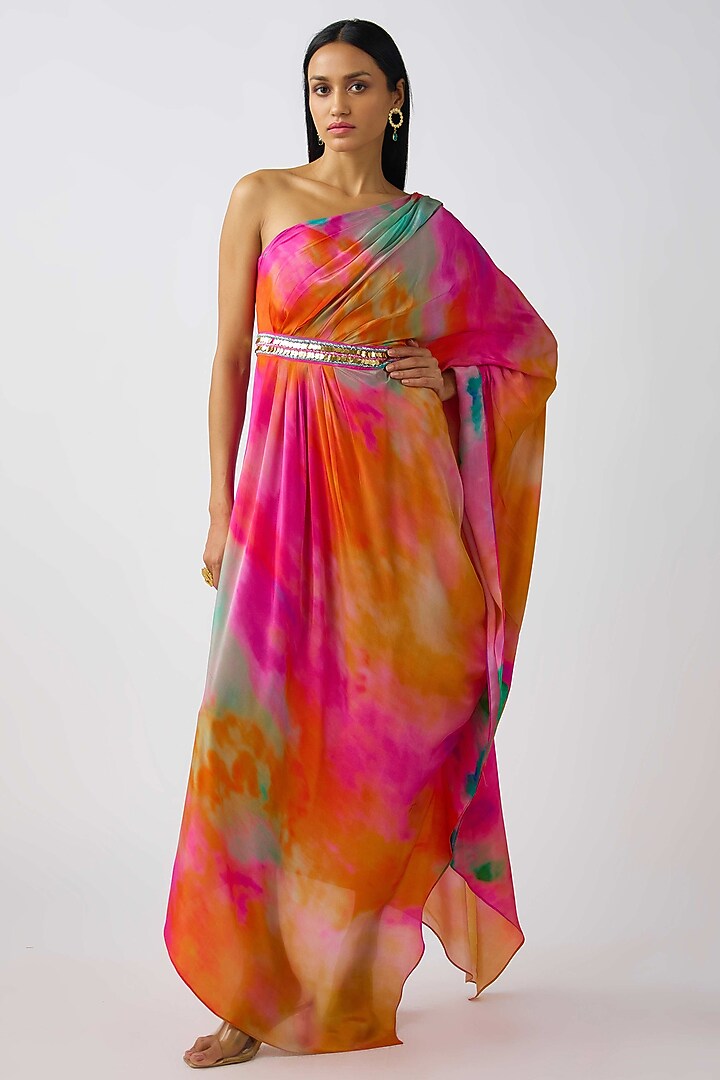 Multi-Colored Crepe Cutdana Embroidered One-Shoulder Summer Dress by Basanti - Kapde aur Koffee at Pernia's Pop Up Shop