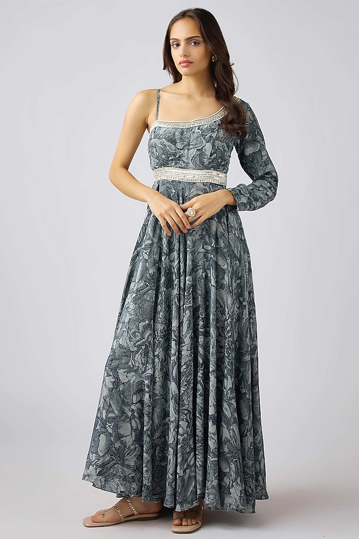 Grey Crepe Sequins Embroidered Summer Dress by Basanti - Kapde aur Koffee at Pernia's Pop Up Shop