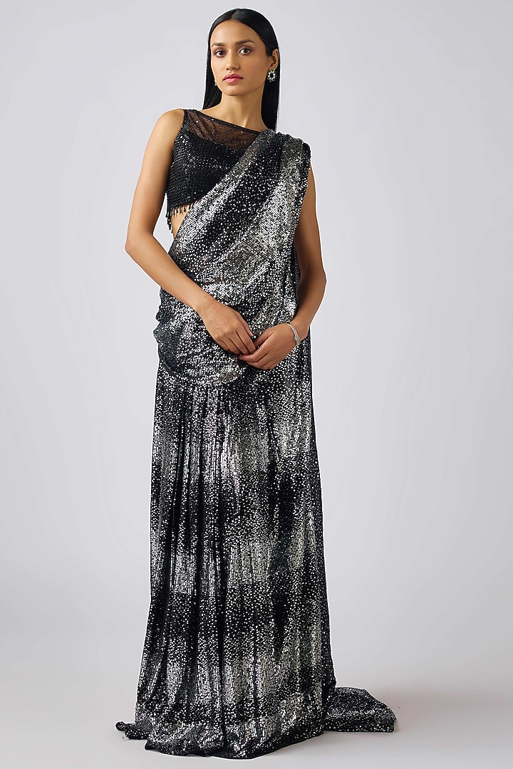 Black Georgette Sequins Embroidered Pre-Draped Party Wear Saree Set by Basanti - Kapde aur Koffee at Pernia's Pop Up Shop