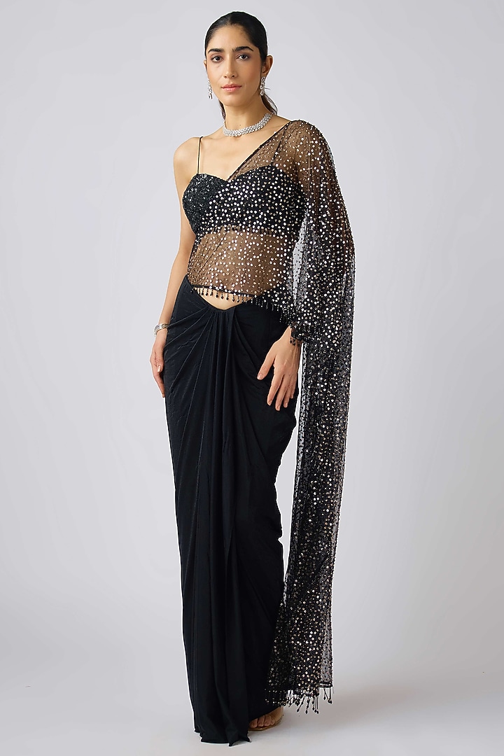 Black Sequins Net & Lycra Cutdana Embroidered Pre-Draped Party Wear Saree Set by Basanti - Kapde aur Koffee at Pernia's Pop Up Shop