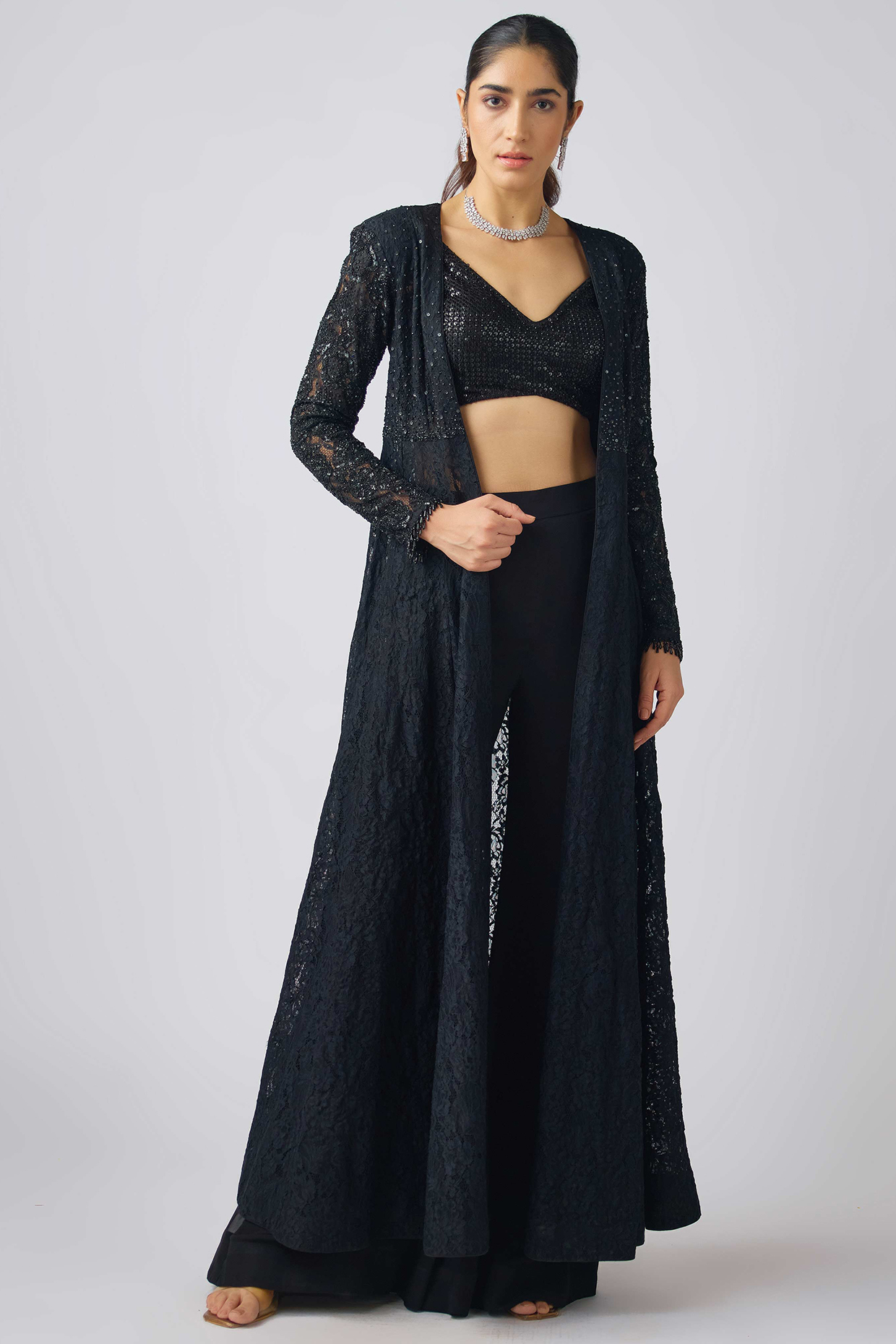 Black Georgette & Chantilly Net Sequins Embroidered Cape Set by Basanti - Kapde aur Koffee at Pernia's Pop Up Shop