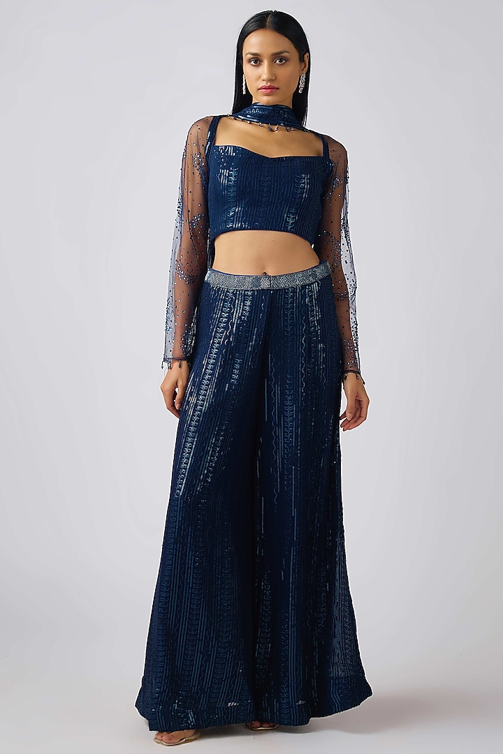 Blue Georgette Sequins Embroidered Party Wear Sharara Set by Basanti - Kapde aur Koffee at Pernia's Pop Up Shop
