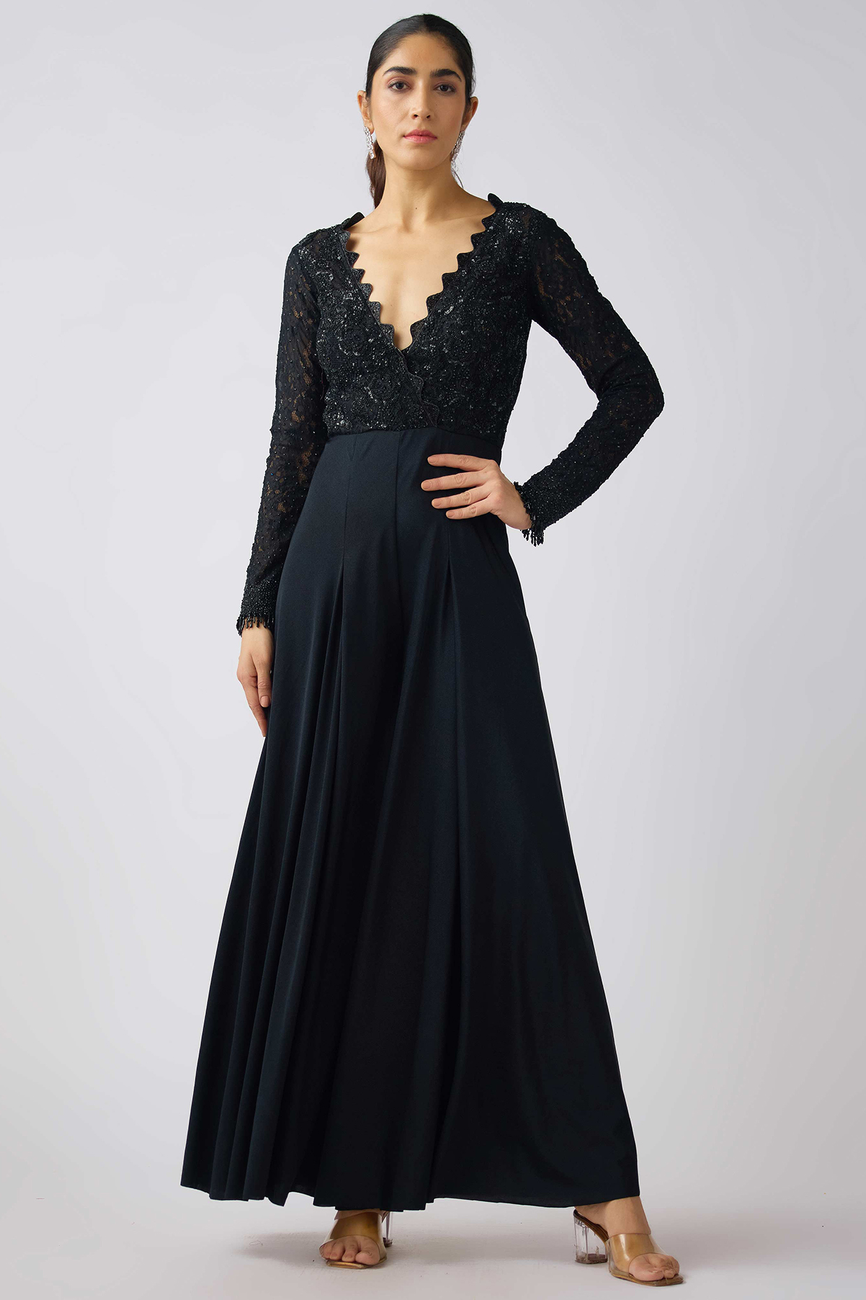 Black Lycra & Chantilly Net Sequins Embroidered Jumpsuit by Basanti - Kapde aur Koffee at Pernia's Pop Up Shop