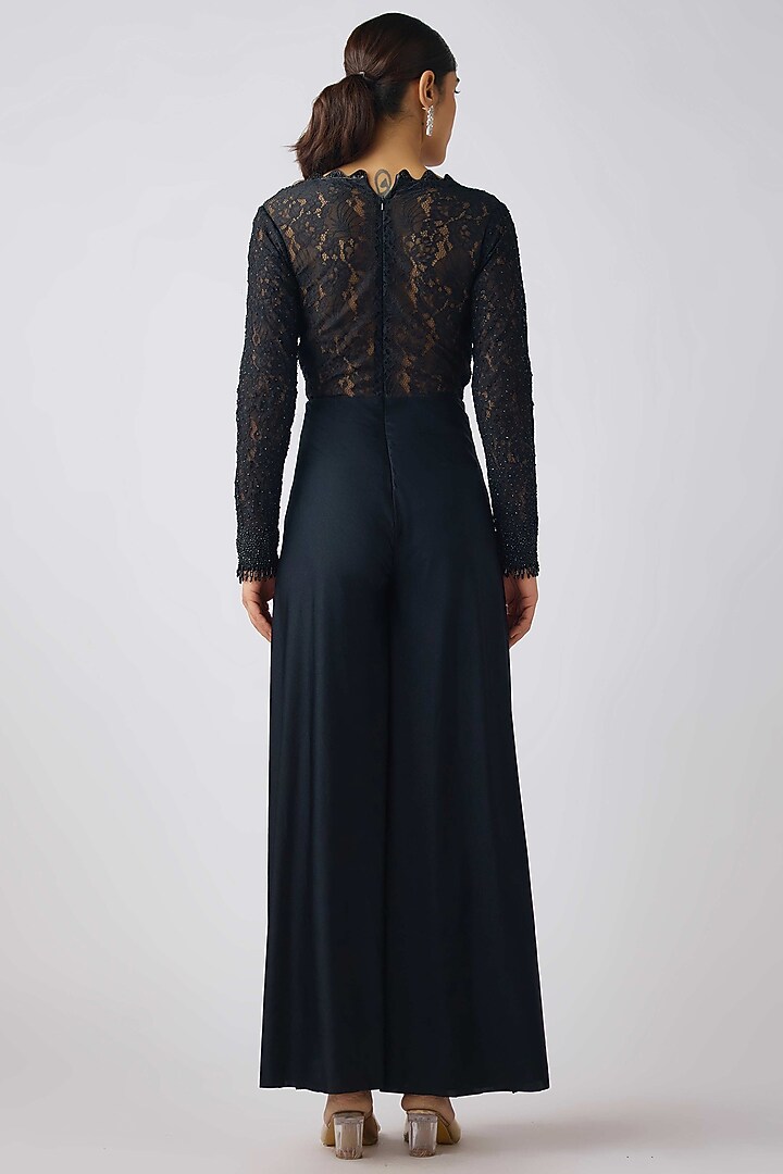 Black Lycra & Chantilly Net Sequins Embroidered Jumpsuit by Basanti - Kapde aur Koffee at Pernia's Pop Up Shop