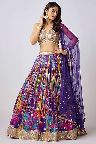 Purple Georgette Mirror Work Lehenga Set by Basanti - Kapde aur Koffee