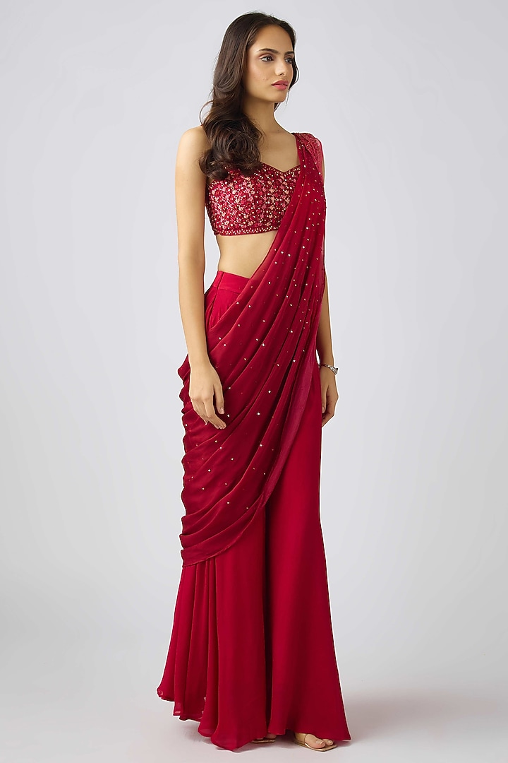 Red Chinon Sequins Embroidered Sharara Festive Saree Set by Basanti - Kapde aur Koffee at Pernia's Pop Up Shop