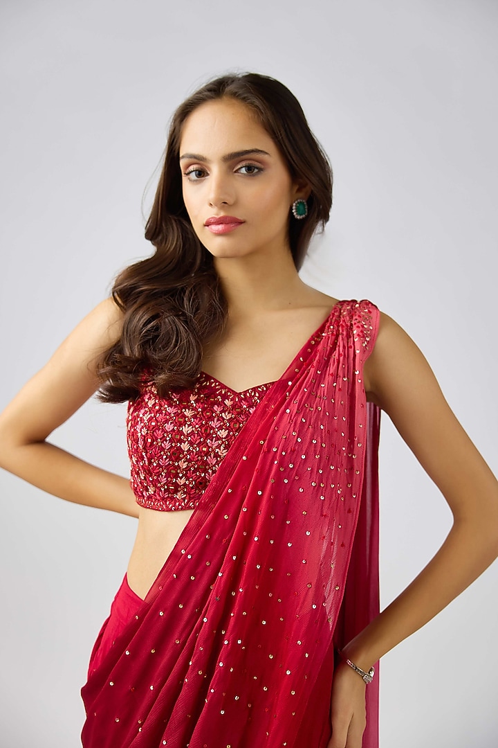 Red Chinon Sequins Embroidered Sharara Festive Saree Set by Basanti - Kapde aur Koffee at Pernia's Pop Up Shop