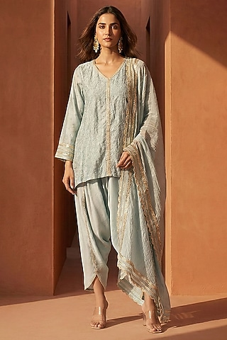 Blue Linen Gota Work Kurta Set by Basanti - Kapde aur Koffee