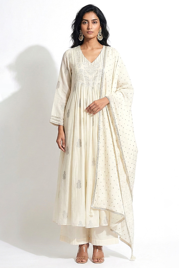 Ivory Cotton Thread Embroidered Party Wear Anarkali Set by Basanti - Kapde aur Koffee at Pernia's Pop Up Shop