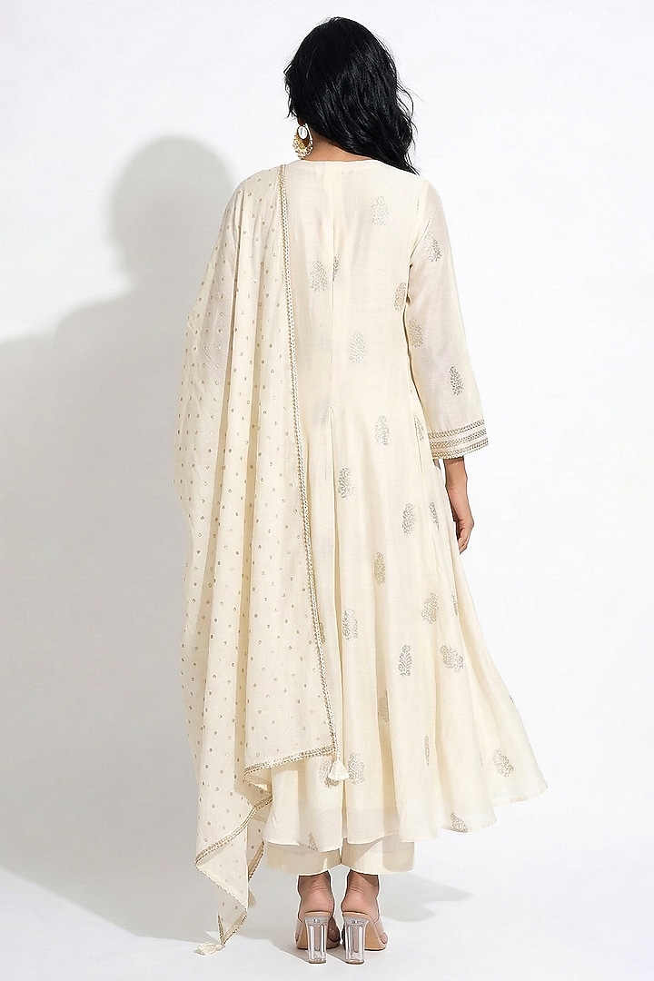 Ivory Cotton Thread Embroidered Party Wear Anarkali Set by Basanti - Kapde aur Koffee at Pernia's Pop Up Shop