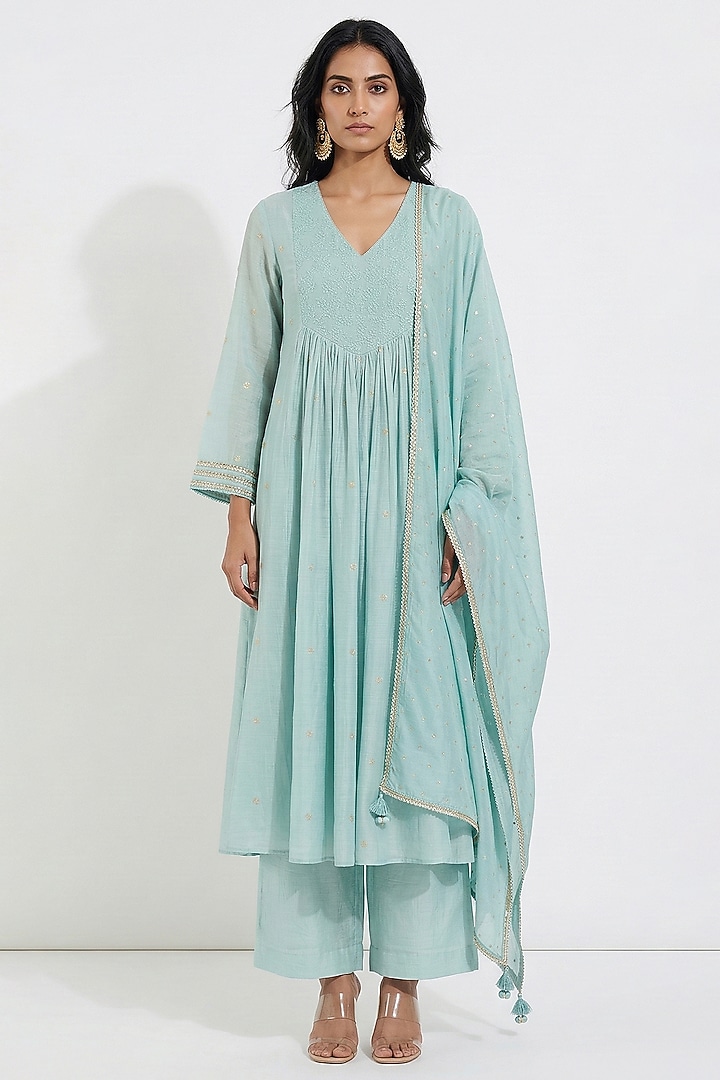 Aqua Cotton Thread Embroidered Party Wear Anarkali Set by Basanti - Kapde aur Koffee at Pernia's Pop Up Shop