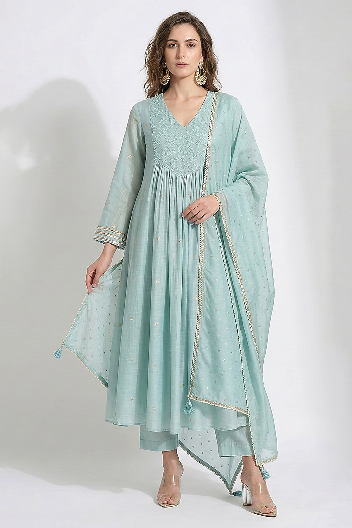 Aqua Cotton Thread Embroidered Party Wear Anarkali Set by Basanti - Kapde aur Koffee at Pernia's Pop Up Shop