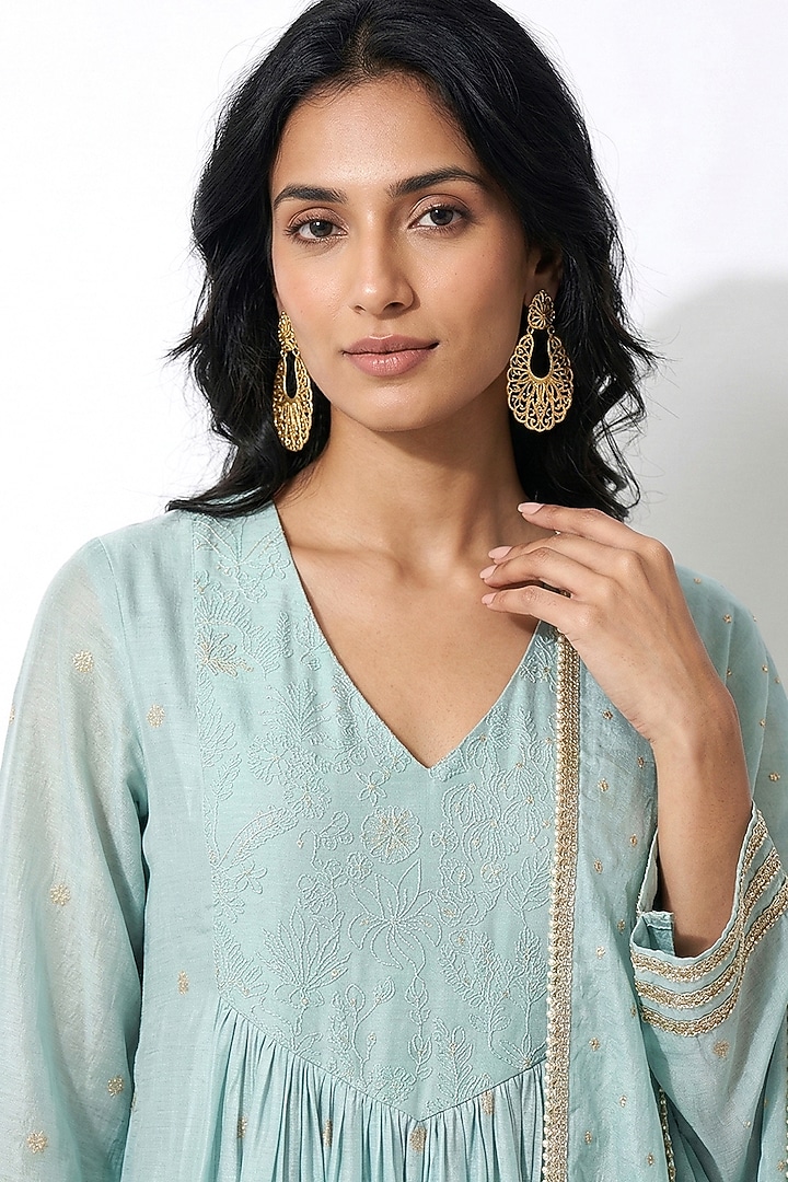 Aqua Cotton Thread Embroidered Party Wear Anarkali Set by Basanti - Kapde aur Koffee at Pernia's Pop Up Shop