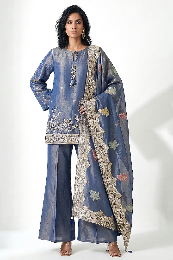 Blue Banarasi Tissue Coin & Zari Embroidered Kurta Set by Basanti - Kapde aur Koffee at Pernia's Pop Up Shop
