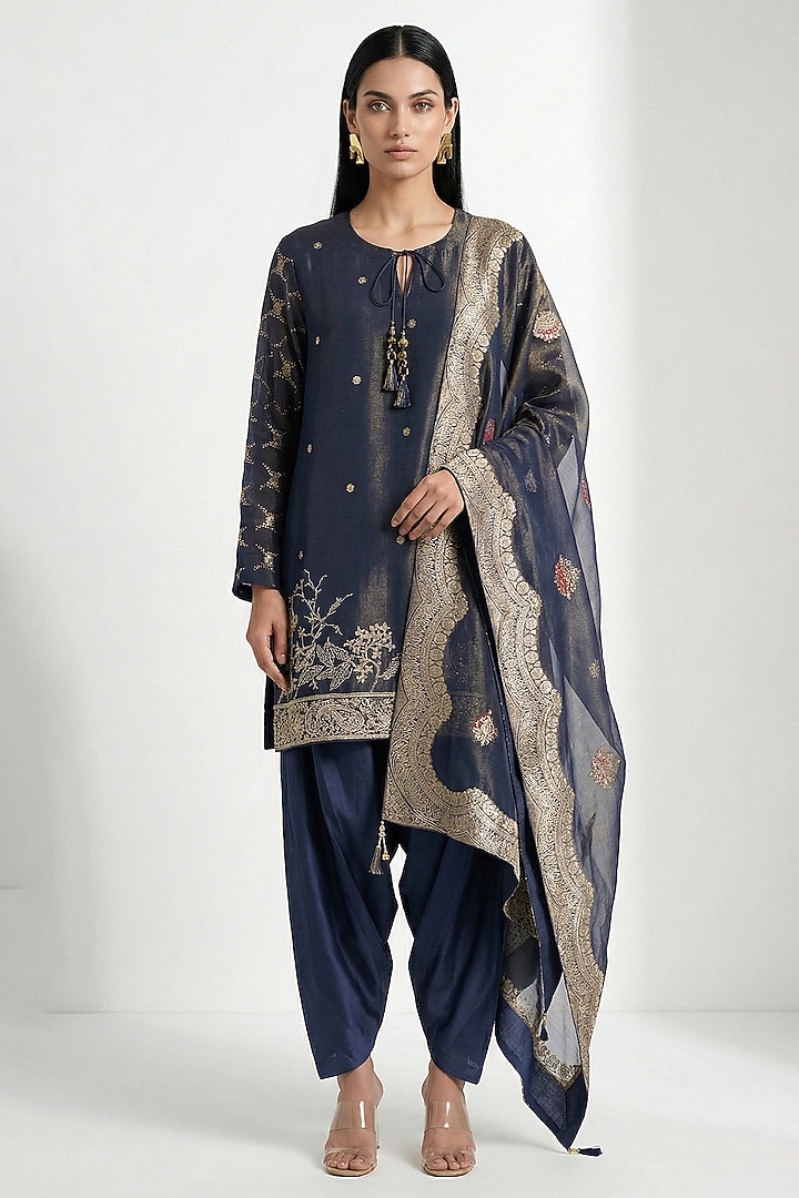 Blue Banarasi Tissue Coin & Zari Embroidered Kurta Set by Basanti - Kapde aur Koffee at Pernia's Pop Up Shop