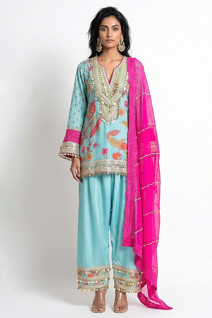 Blue Cotton Silk Coin & Mirror Embroidered Kurta Set by Basanti - Kapde aur Koffee at Pernia's Pop Up Shop