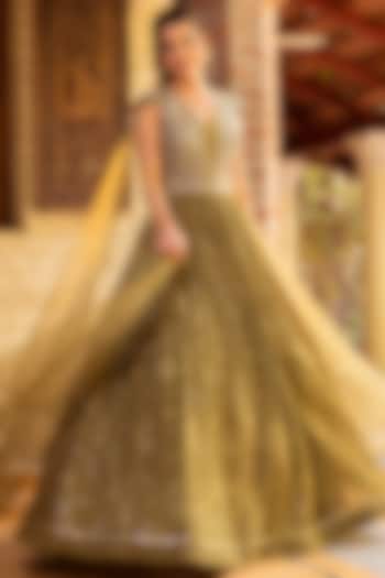 Mehendi Green Mirror Embroidered Party Wear Gown by Basanti - Kapde aur Koffee at Pernia's Pop Up Shop