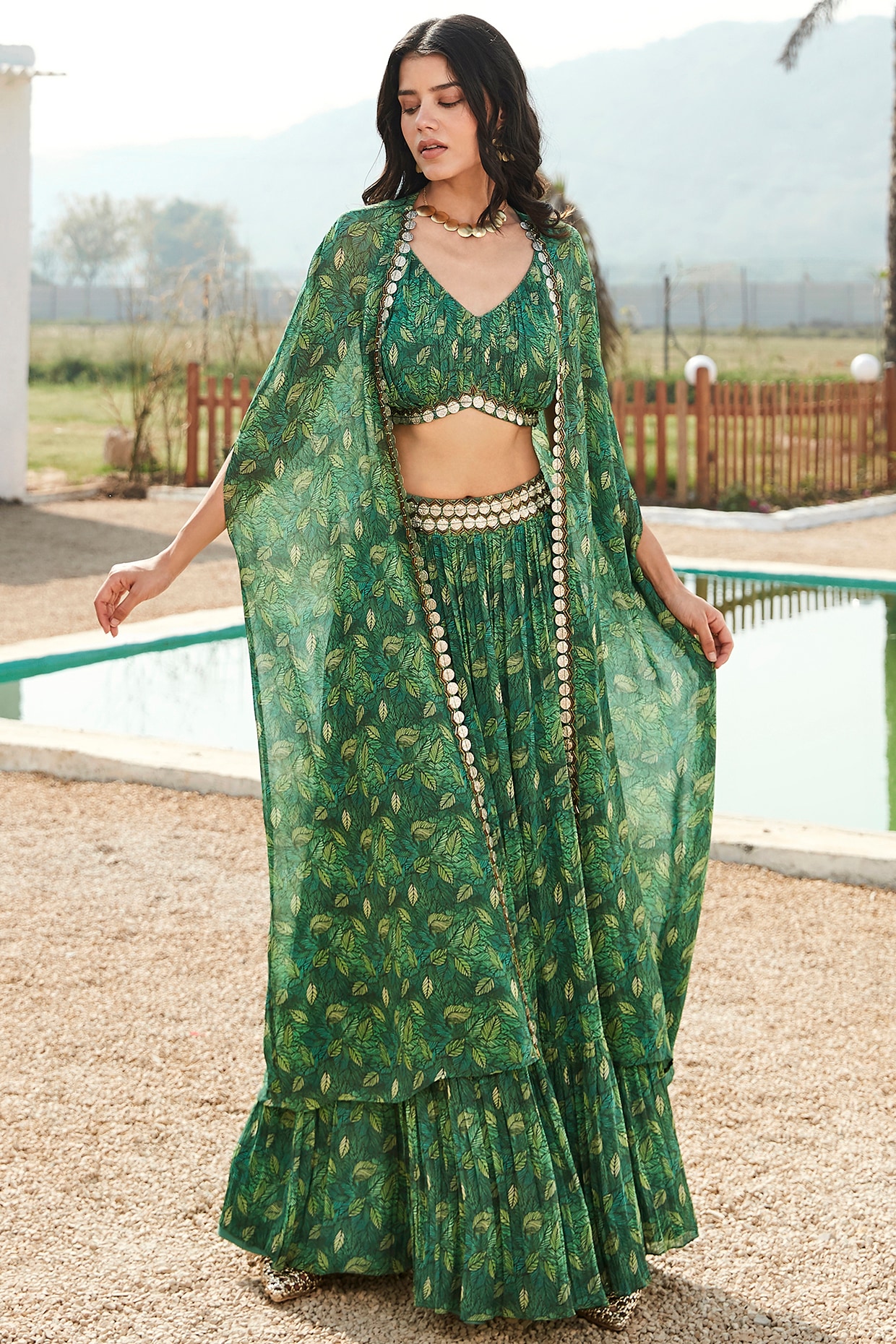 Green Georgette Printed Cape Set Design by Basanti - Kapde aur