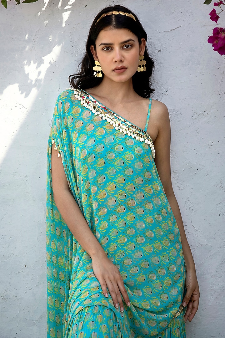Firozi Georgette Printed & Embellished Sharara Set by Basanti - Kapde aur Koffee at Pernia's Pop Up Shop
