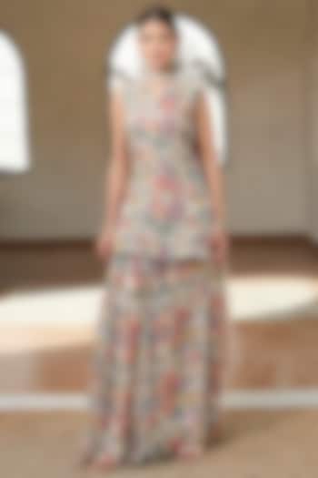 Multi-Colored Viscose Organza Printed & Embroidered Sharara Set by Basanti - Kapde aur Koffee