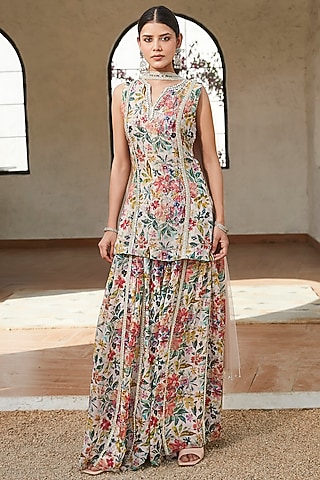 Peach Viscose Organza Floral Printed Sharara Set by Basanti - Kapde aur Koffee