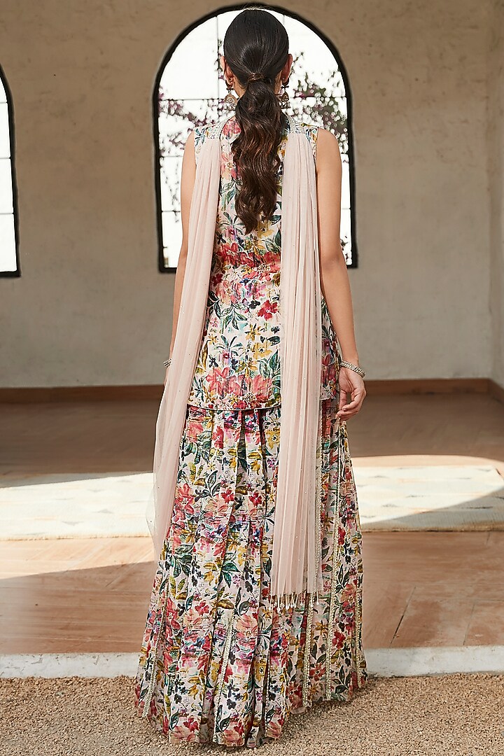 Peach Viscose Organza Floral Printed Party Wear Sharara Set by Basanti - Kapde aur Koffee at Pernia's Pop Up Shop