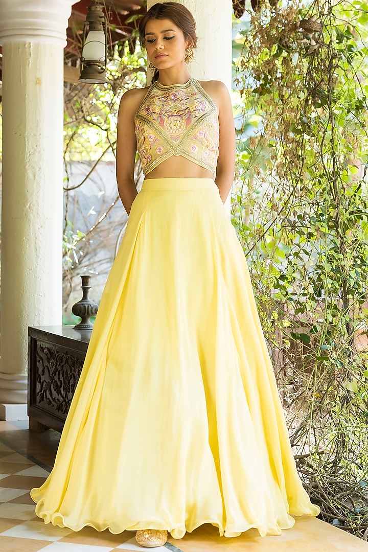 Yellow Embroidered Flared Lehenga Set by Basanti - Kapde aur Koffee at Pernia's Pop Up Shop
