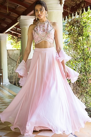 Pink Georgette Flared Lehenga Set by Basanti - Kapde aur Koffee