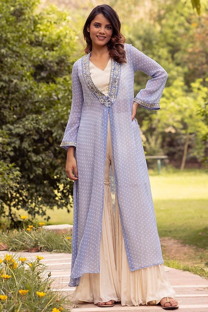 Powder Blue Silk Sharara Set With Jacket Design by Basanti - Kapde aur ...