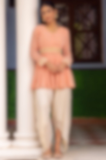 Beige Silk Dhoti Set With Belt by Basanti - Kapde aur Koffee at Pernia's Pop Up Shop