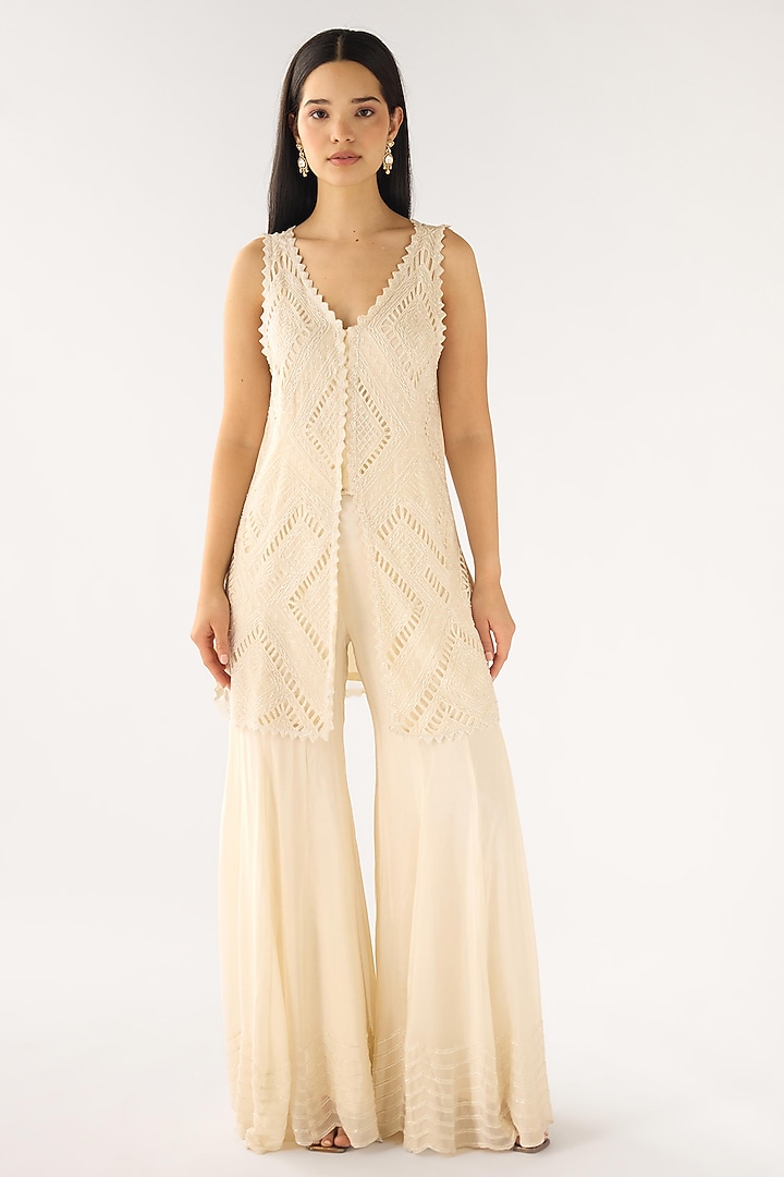 Ivory Georgette Embroidered Party Wear Sharara Set by Basanti - Kapde aur Koffee at Pernia's Pop Up Shop