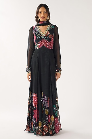 Black Georgette Mirror Embroidered Anarkali Set by Basanti - Kapde aur Koffee