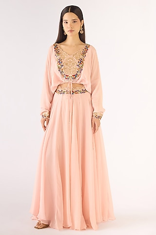 Pink Satin Crepe Sharara Set by Basanti - Kapde aur Koffee