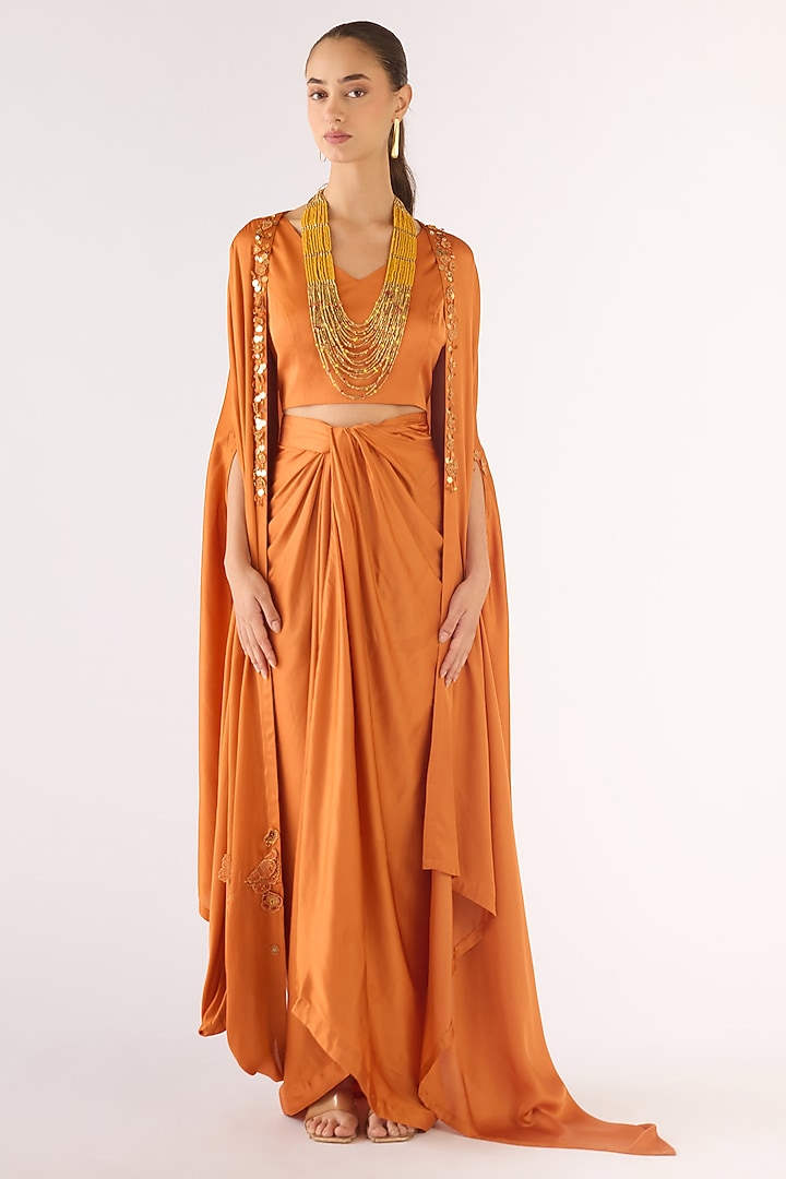 Orange Modal Satin Draped Skirt Set by Basanti - Kapde aur Koffee at Pernia's Pop Up Shop