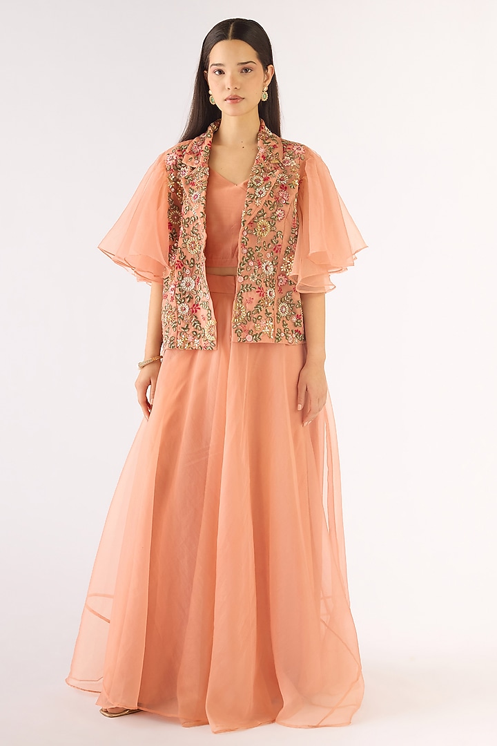 Peach Organza Embroidered Cape Set by Basanti - Kapde aur Koffee at Pernia's Pop Up Shop