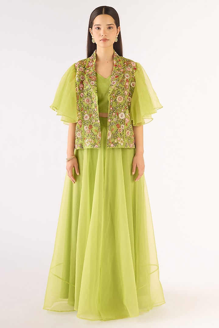 Pista Green Organza Embroidered Cape Set by Basanti - Kapde aur Koffee at Pernia's Pop Up Shop