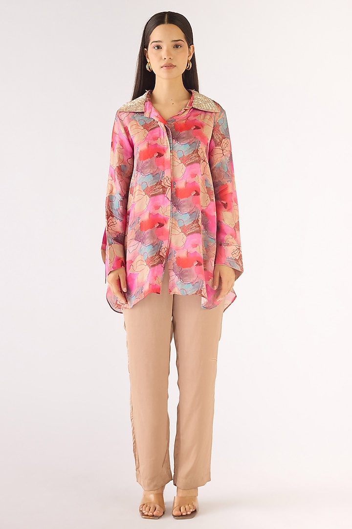 Brown Satin Printed Shirt by Basanti - Kapde aur Koffee at Pernia's Pop Up Shop