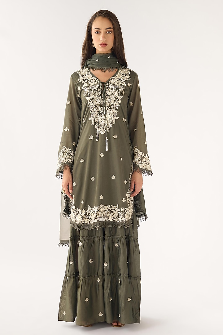 Olive Green Chanderi Embroidered Party Wear Sharara Set by Basanti - Kapde aur Koffee at Pernia's Pop Up Shop