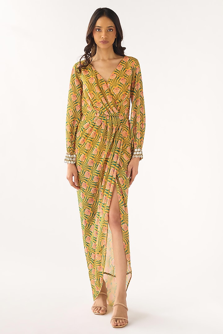 Yellow Georgette Printed Slit Maxi Summer Dress by Basanti - Kapde aur Koffee at Pernia's Pop Up Shop