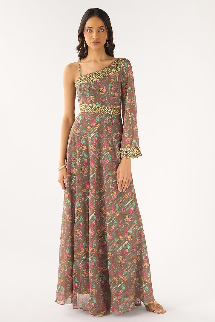 Green Organza Printed One-Shoulder Maxi Summer Dress by Basanti - Kapde aur Koffee at Pernia's Pop Up Shop