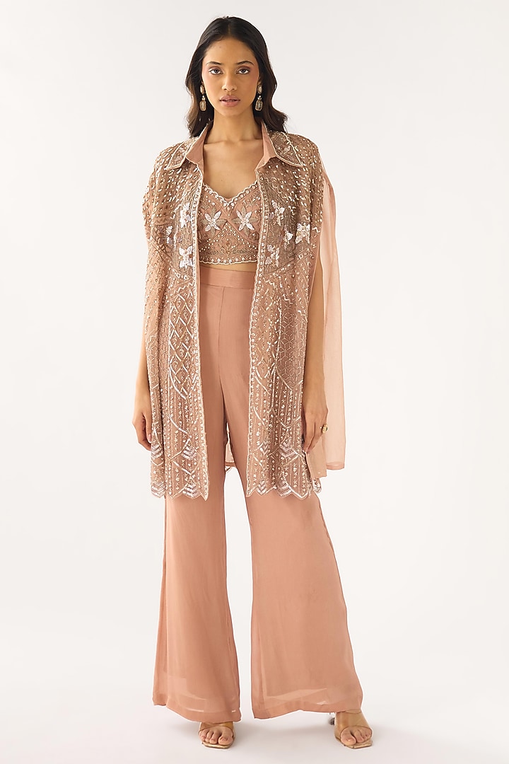 Peach Organza Embroidered Cape Set by Basanti - Kapde aur Koffee at Pernia's Pop Up Shop