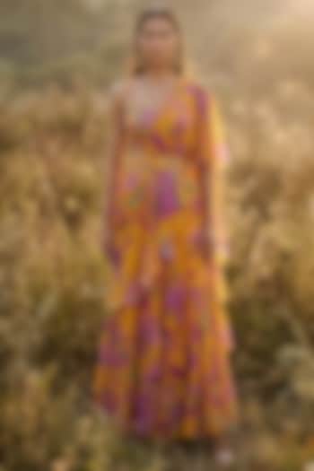 Mustard Georgette Printed Draped Party Wear Saree Set by Basanti - Kapde aur Koffee at Pernia's Pop Up Shop