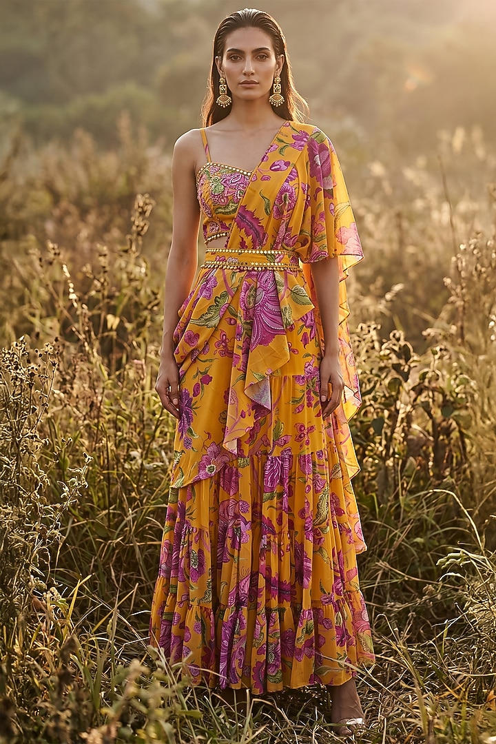 Mustard Georgette Printed Draped Party Wear Saree Set by Basanti - Kapde aur Koffee at Pernia's Pop Up Shop