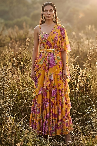 Mustard Georgette Printed Draped Saree Set by Basanti - Kapde aur Koffee