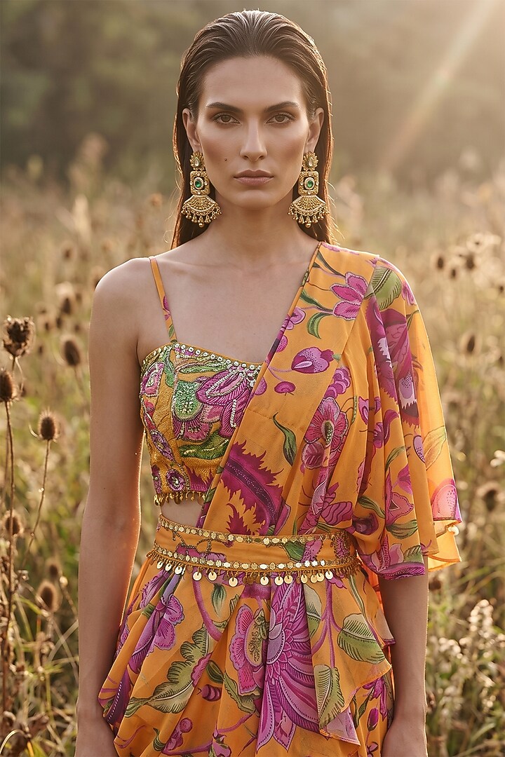 Mustard Georgette Printed Draped Party Wear Saree Set by Basanti - Kapde aur Koffee at Pernia's Pop Up Shop