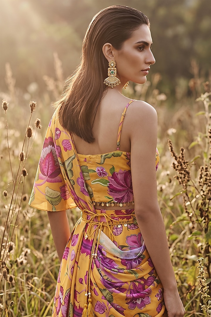 Mustard Georgette Printed Draped Party Wear Saree Set by Basanti - Kapde aur Koffee at Pernia's Pop Up Shop