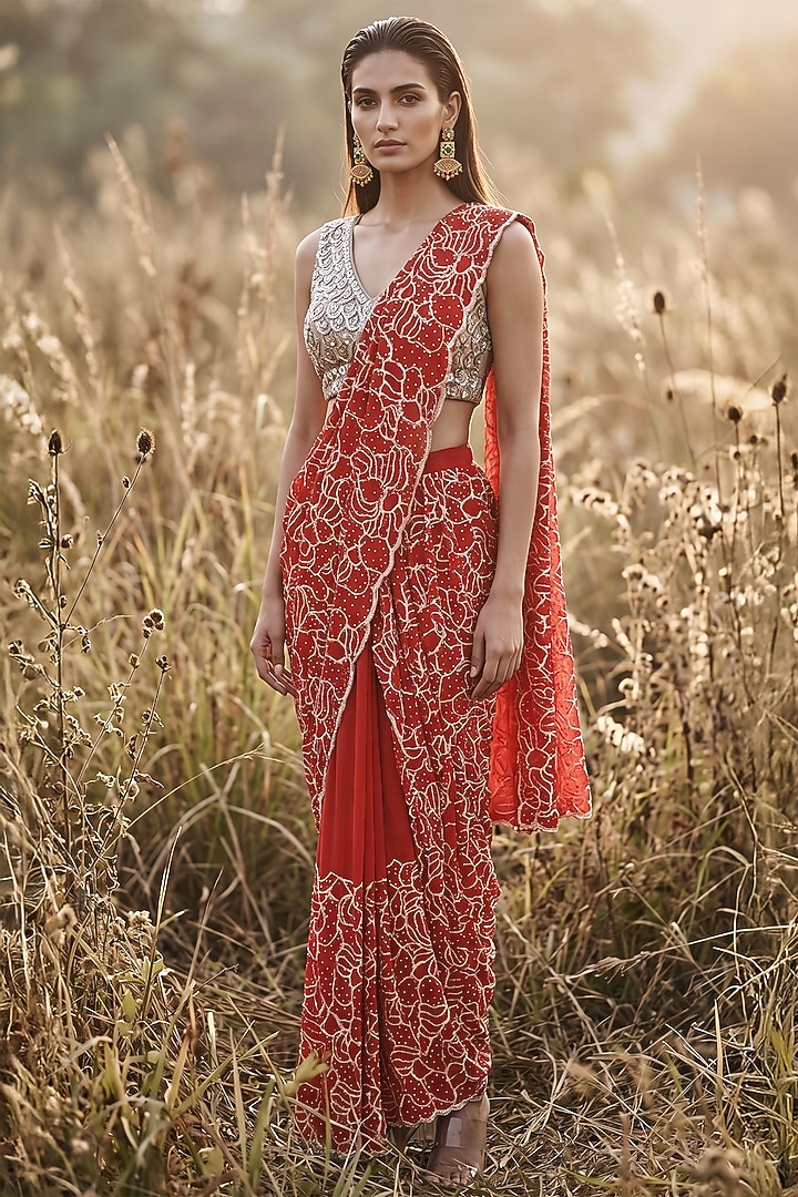 Red Organza Sequin Embroidered Draped Party Wear Saree Set by Basanti - Kapde aur Koffee at Pernia's Pop Up Shop