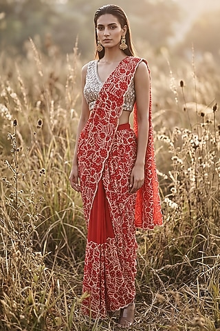 Red Organza Sequin Embroidered Draped Saree Set by Basanti - Kapde aur Koffee