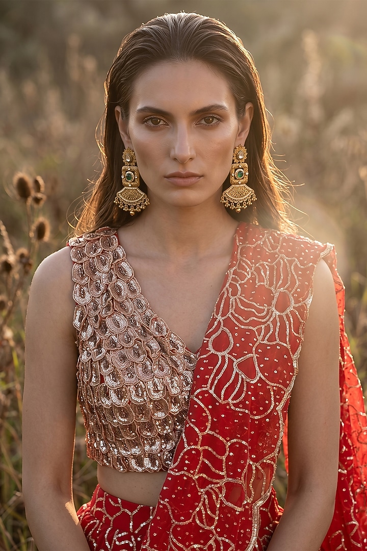 Red Organza Sequin Embroidered Draped Party Wear Saree Set by Basanti - Kapde aur Koffee at Pernia's Pop Up Shop